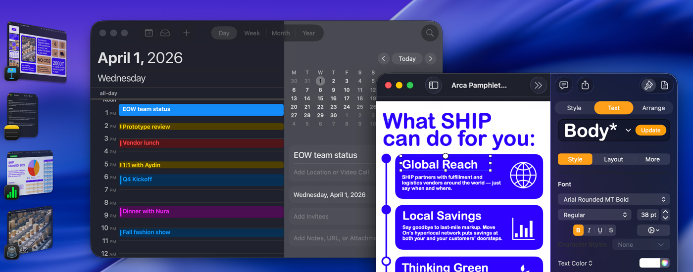 แอปหลายแอปเปิดอยู่บนหน้าจอ รวมถึงแอปปฏิทินและ Pages ส่วนด้านซ้ายคือแอป iOS อื่นๆ อีกหลากหลายแอป