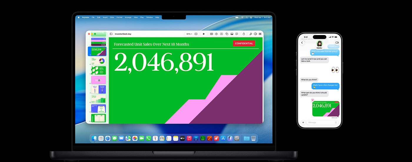 งานนำเสนอที่แสดงอยู่บนหน้าจอ Mac และการส่งข้อความโต้ตอบกันที่มีเน้ือหาเกี่ยวกับงานนำเสนอดังกล่าว