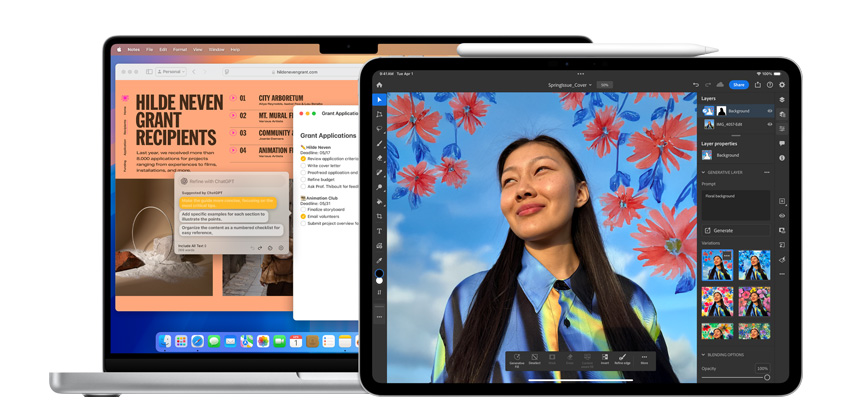 MacBook และ iPad แสดงแอปต่างๆ ที่ผสานการทำงานร่วมกับ AI