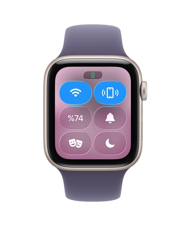 Apple Watch SE 3, alüminyum kasa, yıldız ışığı renk, Denetim Merkezi, iPhone’a ping atma simgesi, sağ yan görünüm, Digital Crown, Spor Kordon, sis moru renk