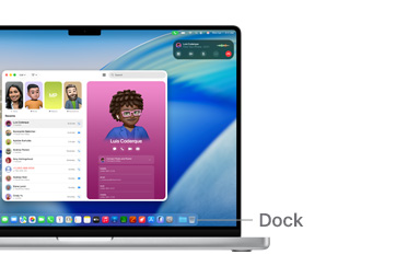 14 吋 MacBook Pro 螢幕展示 macOS 導覽畫面，以線條標示 Dock 的位置。