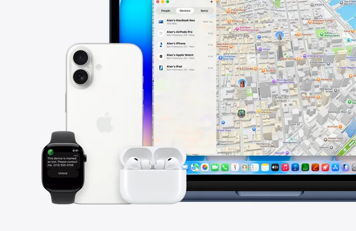 Apple Watch 螢幕上的文字顯示 This device is marked as lost, please contact me 以及電話號碼，旁邊是 iPhone、AirPods Pro 和靛青色 MacBook Neo，螢幕顯示尋找 app，其中包含地圖和裝置列表及其位置