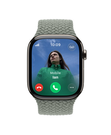 Apple Watch Series 11, natural colour, titanium case, incoming call, contact photo, accept and decline call buttons, right side exterior, Digital Crown, strap, green grey Braided Solo Loop
