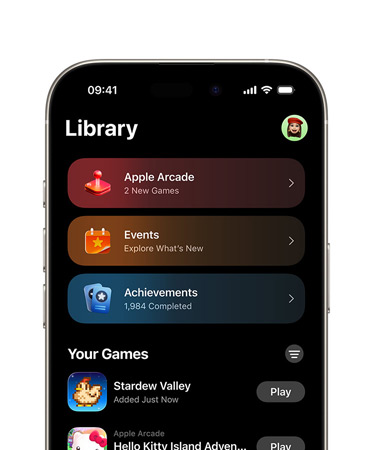 iPhone, top half only, screen shows Games app layout, including Library tab, Apple Arcade, Events, Achievements and All Games section