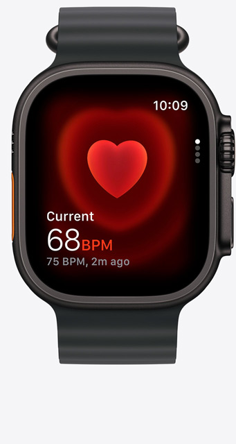 Apple Watch Ultra 3, black titanium case colour, Heart Rate app, current beats per minute, Ocean Band, black colour