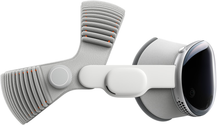 Vue latérale d’un Apple Vision Pro, monture en alliage d’aluminium, assemblé avec cache anti-lumière, bandes audio et bandeau tissé à sangle double