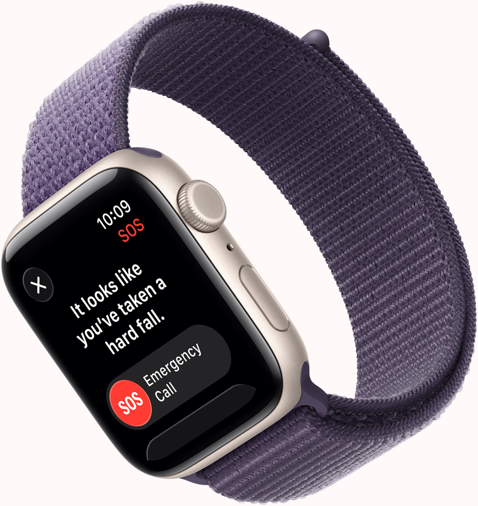 Apple Watch SE 3, aluminum case, starlight color, SOS Fall Detection notification, emergency call button, right side exterior, Digital Crown, microphone, side button, band, Sport Loop, purple fog color
