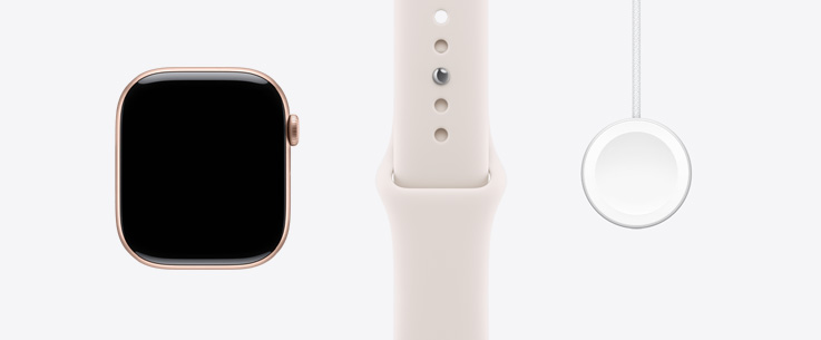 Apple Watch Series 11, rozéaranyszínű alumíniumtok, elölnézet, teljes előlapot kitöltő kijelző, lágy rózsaszín sportszíj, mágneses Apple Watch-gyorstöltő USB‑C csatlakozós kábellel