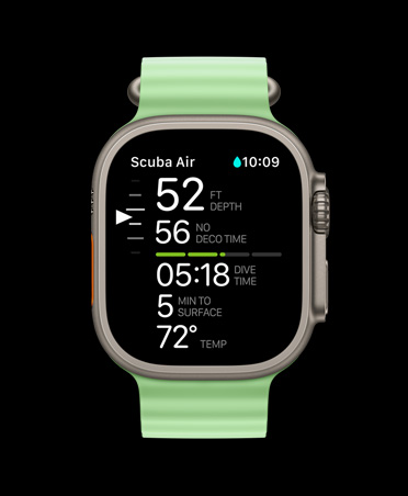 Apple Watch Ultra 3, natural color, titanium case, Oceanic+ dive metrics: depth, deco time, dive time, minutes to surface, water temperature, Ocean Band, neon green color