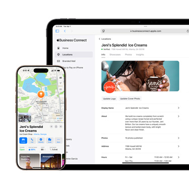 Etunäkymä iPadista, jossa on yrityksen Apple Business Connect ‑alusta. iPadin edessä on iPhone, jossa on yrityksen tiedot Applen Kartat-apissa.