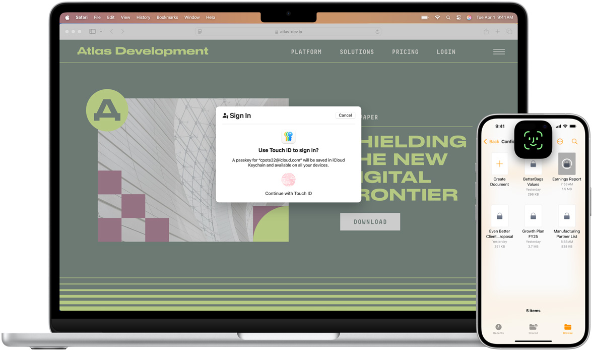 Etunäkymä MacBookista, jossa on Touch ID ‑ikkuna. MacBookin edessä on iPhone, jossa on Face ID ‑näyttö.