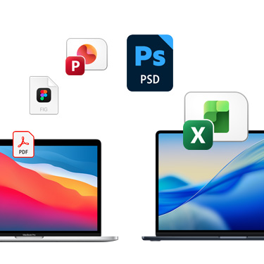 Front view of two side-by-side MacBook devices with different colourful desktop backgrounds. File icons are displayed in an arc above the MacBook devices. File icons include Acrobat file, Quickbooks file, PowerPoint file, Photoshop file, Excel file.