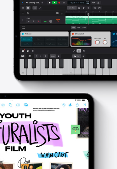 Two iPad devices displaying the Logic Pro and Freeform apps.