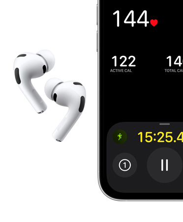 AirPods Pro 3, colore bianco, auricolari, cuscinetti in silicone, microfono, iPhone, allenamento Corsa outdoor sul display