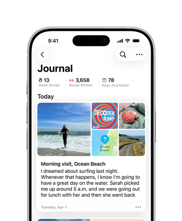 L’app Diario aperta su un iPhone con un’annotazione del diario per quel giorno, foto di una giornata in spiaggia e testo che descrive un sogno
