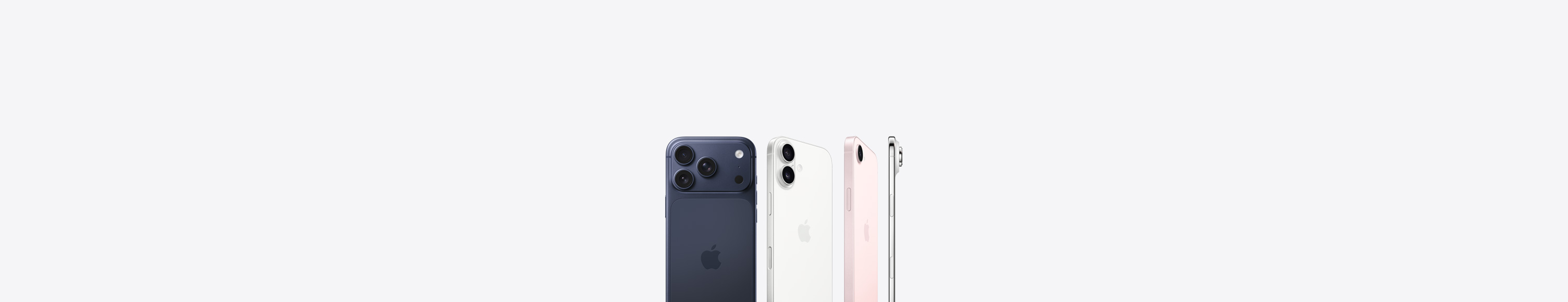 iPhone 17 Pro, parte posterior, color azul profundo, sistema de cámaras Pro Fusion en la esquina superior izquierda, logo de Apple en el centro, iPhone 17, parte posterior, color blanco, sistema de dos cámaras Fusion en la esquina superior izquierda, logo de Apple en el centro, iPhone 17e, parte posterior, color rosa pálido, sistema de cámara Fusion en la esquina superior izquierda, logo de Apple en el centro, iPhone Air, parte lateral, perfil del marco de titanio, sistema de cámaras Fusion en la esquina superior izquierda