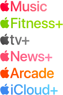 Apple subscription services logotypes including Apple Music, Fitness+, Apple TV+, Apple News+, Apple Arcade, iCloud+