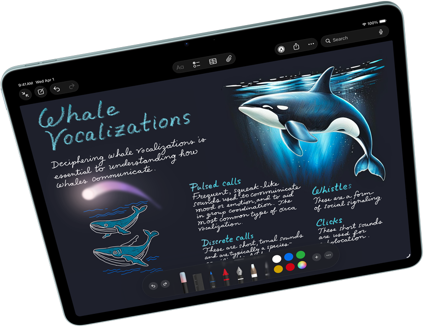 iPad Air en mode paysage présentant Apple Intelligence avec Image Playground, et Keynote, Apple Pencil Pro