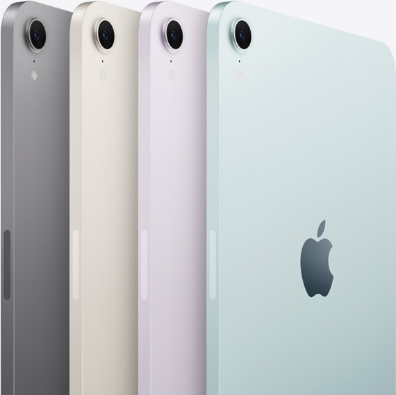 Vista posteriore e fotocamera di quattro di iPad mini nei colori disponibili: grigio siderale, galassia, viola e blu.