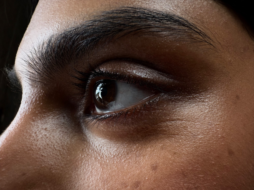 Prikaz žene u crvenoj haljini, koju fotografiraju u praznoj prostoriji. Aplikacija Foto izmjenjuje žarišne duljine: 200 mm, 100 mm, 48 mm, 35 mm, 28 mm, 13 mm i makro, demonstrirajući mogućnosti sustava pro kamera