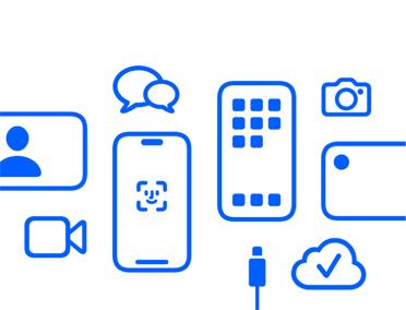 Apple devices en features, iCloud, iPhone met Face ID en oplaadkabel, Camera, berichten, Berichten-app.