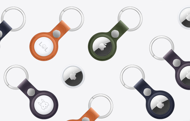 مجموعة من أجهزة AirTag وأجهزة AirTag مع حلقة المفاتيح من النسيج المحبوك بألوان مختلفة بما في ذلك البرتقالي، والأخضر الداكن، والنيلي العميق، والبنفسجي التوتي، والأسود