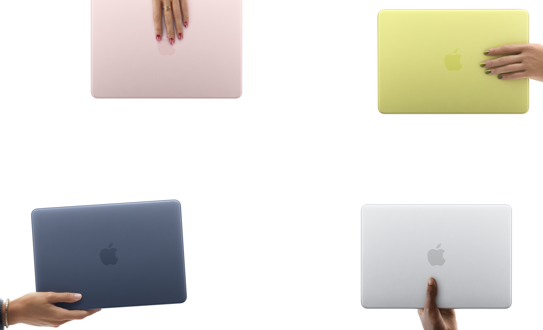 Portatili MacBook Neo in vari colori, tenuti da mani diverse