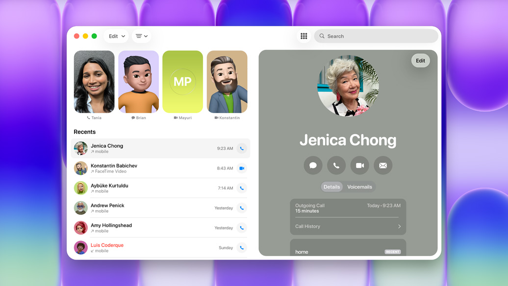 Die Telefon App auf dem MacBook Neo mit verschiedenen Kontakten und einer Liste der letzten Anrufe, ein hervorgehobener Anruf zeigt Informationen zum zugehörigen Kontakt