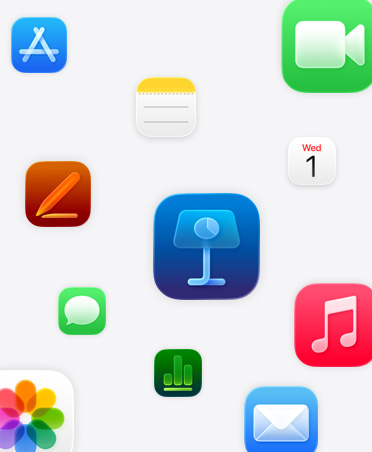 Apple Apps: Keynote, Pages, Numbers, Musik, Fotos, Notizen, Kalender, Mail, FaceTime, Nachrichten, App Store