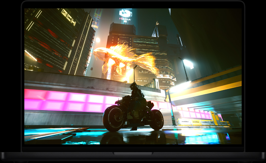 Écran d’un MacBook Pro affichant le jeu vidéo Cyberpunk 2077 : Ultime