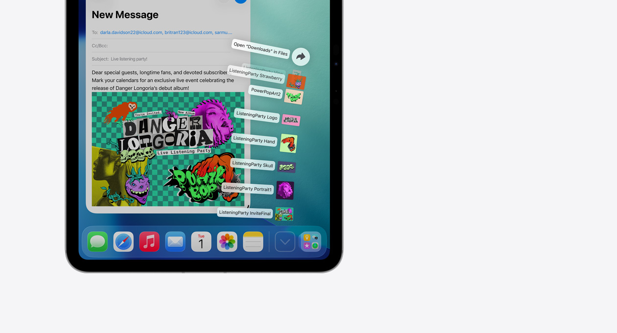 Egy Apple eszköz közeli képe, alul a Dock appal, amelyből függőlegesen, legyezőszerűen egy sor fájl indul ki
