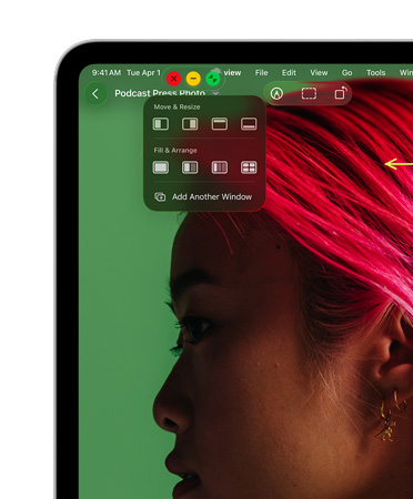 عناصر التحكم في النوافذ باستخدام زر أحمر للإغلاق وزر أصفر للتصغير وزر أخضر للتكبير، بالإضافة إلى خيارات لنقل النوافذ وتغيير حجمها أو ترتيبها