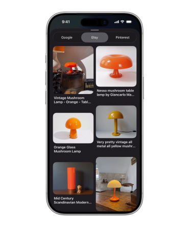 Egy iPhone-on rácsszerűen elrendezett képeken láthatók különböző gombalámpák az Etsyről, illetve látható egy Google- és egy Pinterest-lapfül is