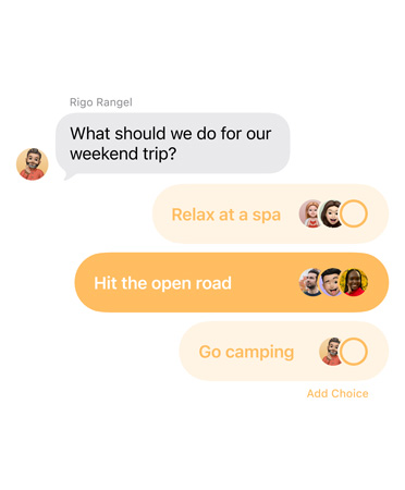 Close-up of the new polls feature in Messages with people in the group chat voting for where to take a weekend trip