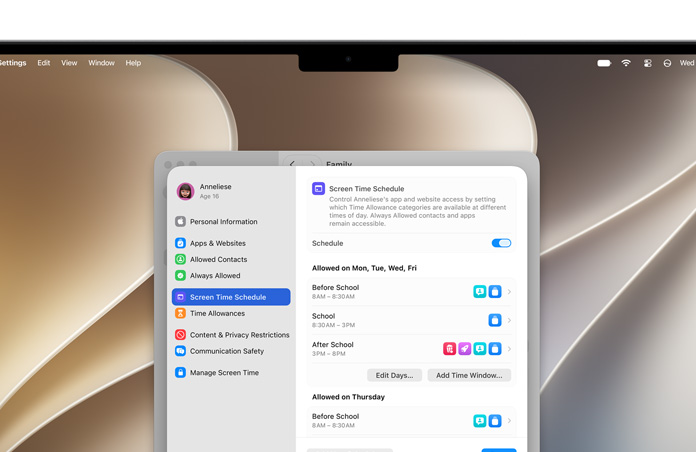 MacBook Pro, la pantalla muestra las opciones de Límites de Tiempo y Horarios en Tiempo en Pantalla en Configuración para ajustar los límites de tiempo y las categorías de contenido para menores
