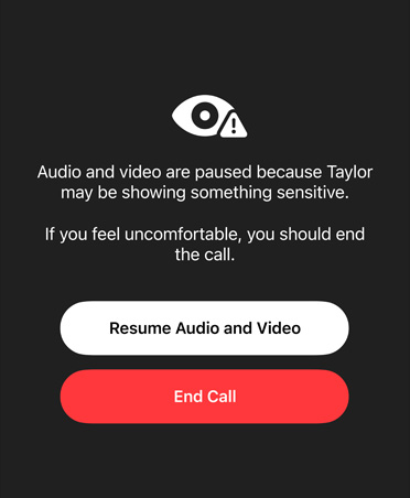 Mensaje automático para los padres sobre el contenido sensible y peligroso que sus hijos podrían estar viendo en una llamada de FaceTime, con opciones para reanudar el audio y video o finalizar la llamada