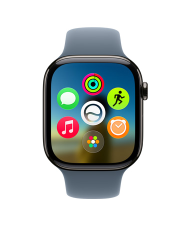 Apple Watch Series 11, caja de titanio color pizarra, que muestra la cuadrícula dinámica de apps