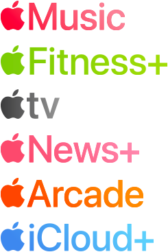 A list of Apple services: Apple Music, Apple Fitness Plus, Apple TV, Apple News Plus, Apple Arcade, and Apple iCloud Plus