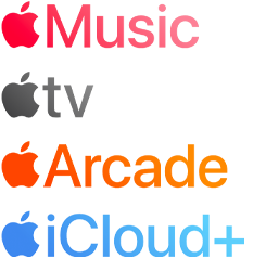 Apple subscription services logotypes including Apple Music, Fitness+, Apple TV+, Apple News+, Apple Arcade, iCloud+