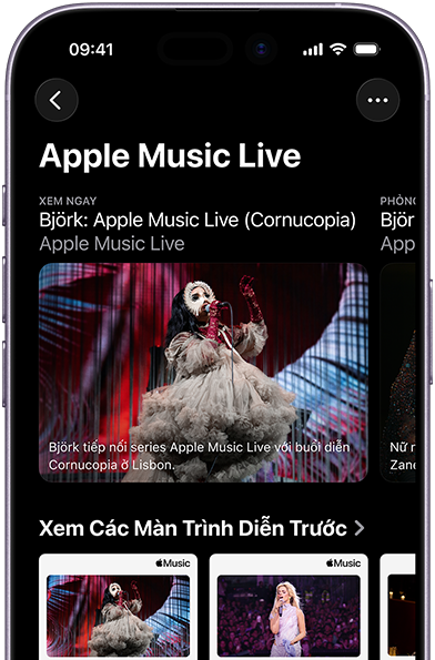 Apple Music Live screen on iPhone showing Watch Now and past performances
